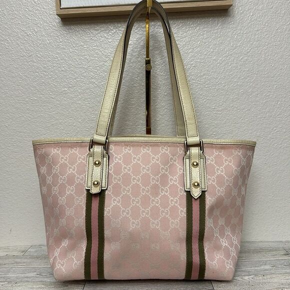 LOW START Gucci Sherry Line GG Pink Canvas Tote With Charms - Picture 6 of 13